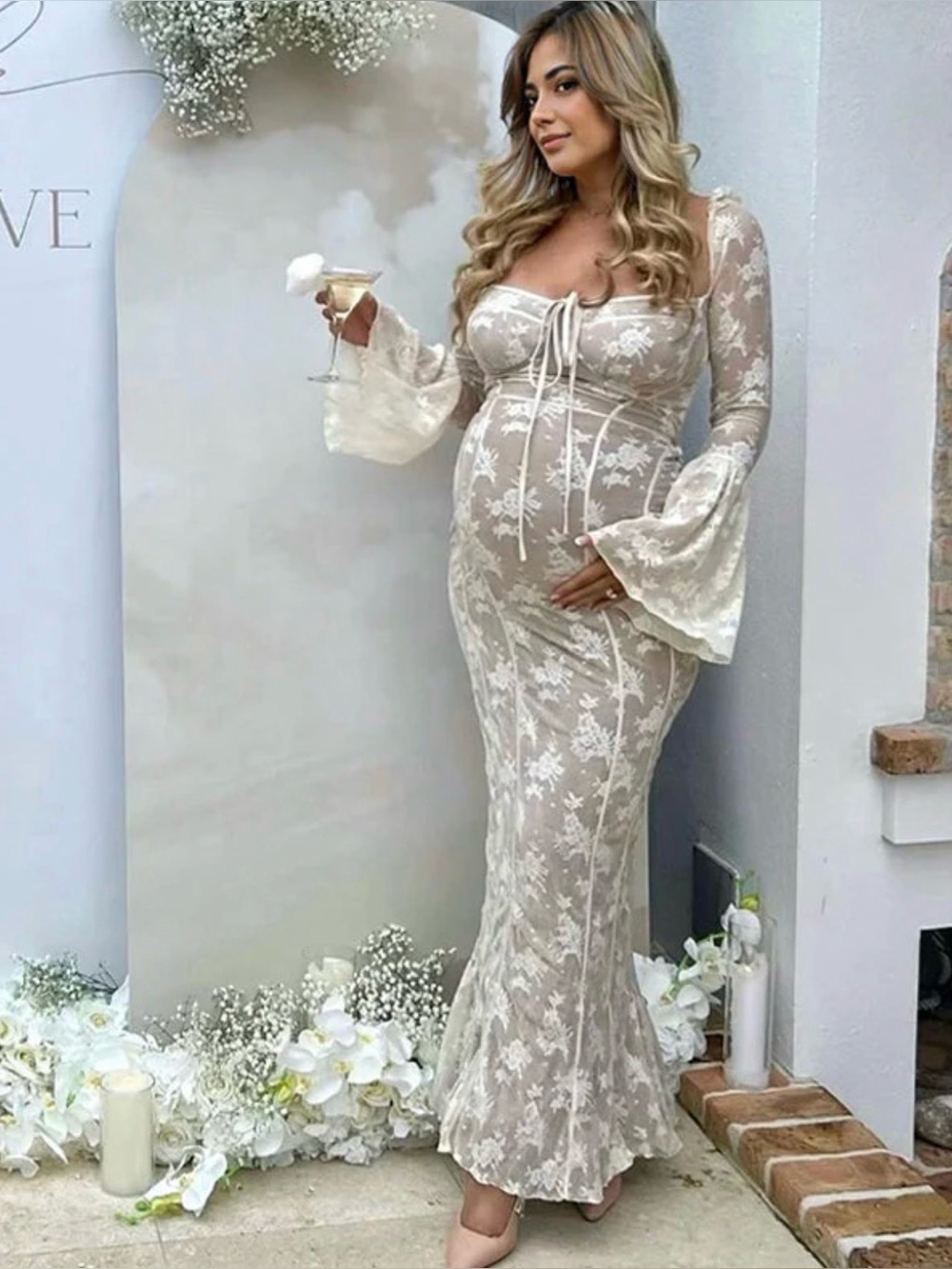 Elegant Lace Maxi Maternity Dress in Ivory-Cream